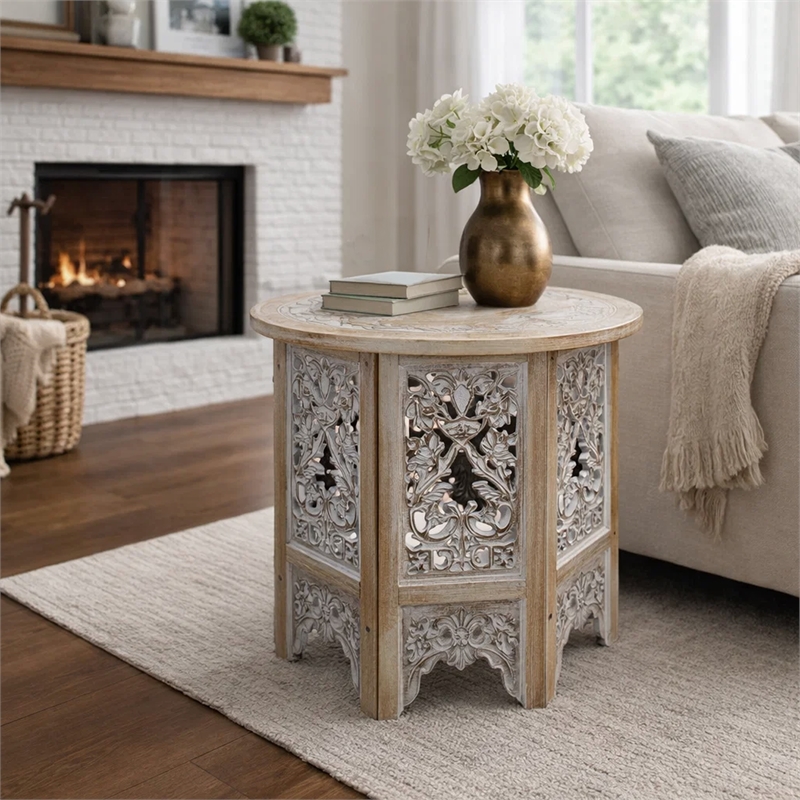 Accent Side Table- 24 Inch Round Top- Mango Wood Floral Cut Out Carved Motifs