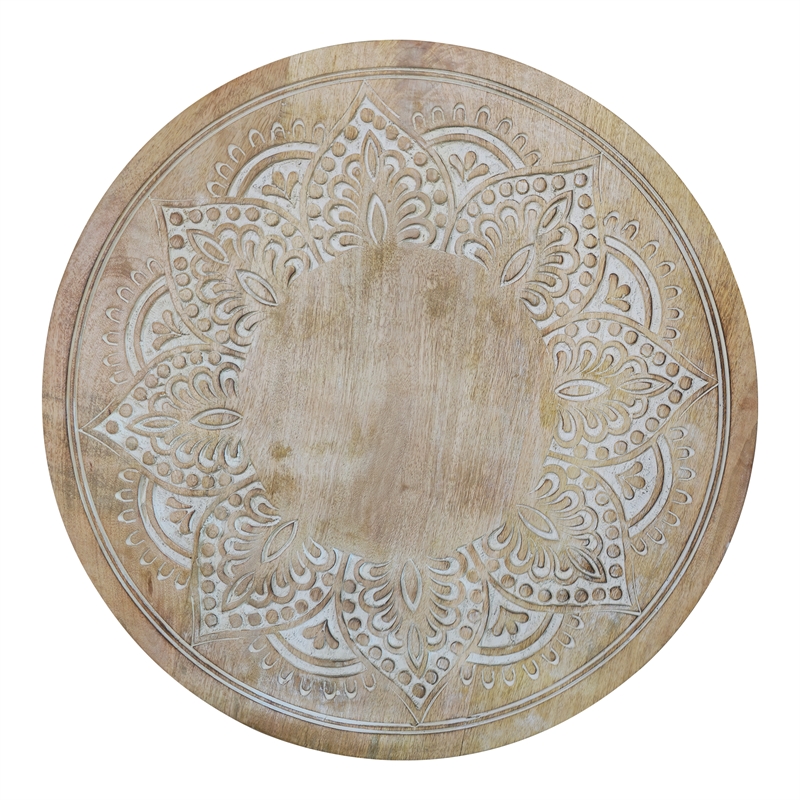 Accent Side Table- 24 Inch Round Top- Mango Wood Floral Cut Out Carved Motifs