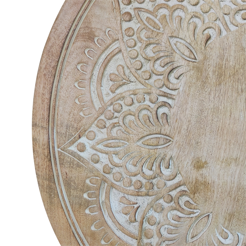 Accent Side Table- 24 Inch Round Top- Mango Wood Floral Cut Out Carved Motifs