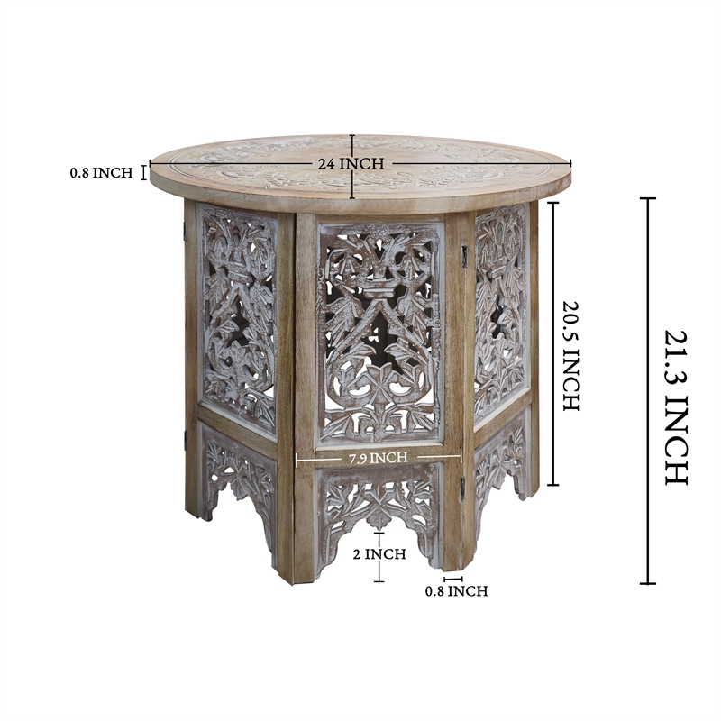 Accent Side Table- 24 Inch Round Top- Mango Wood Floral Cut Out Carved Motifs