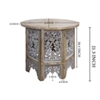 Accent Side Table- 24 Inch Round Top- Mango Wood Floral Cut Out Carved Motifs