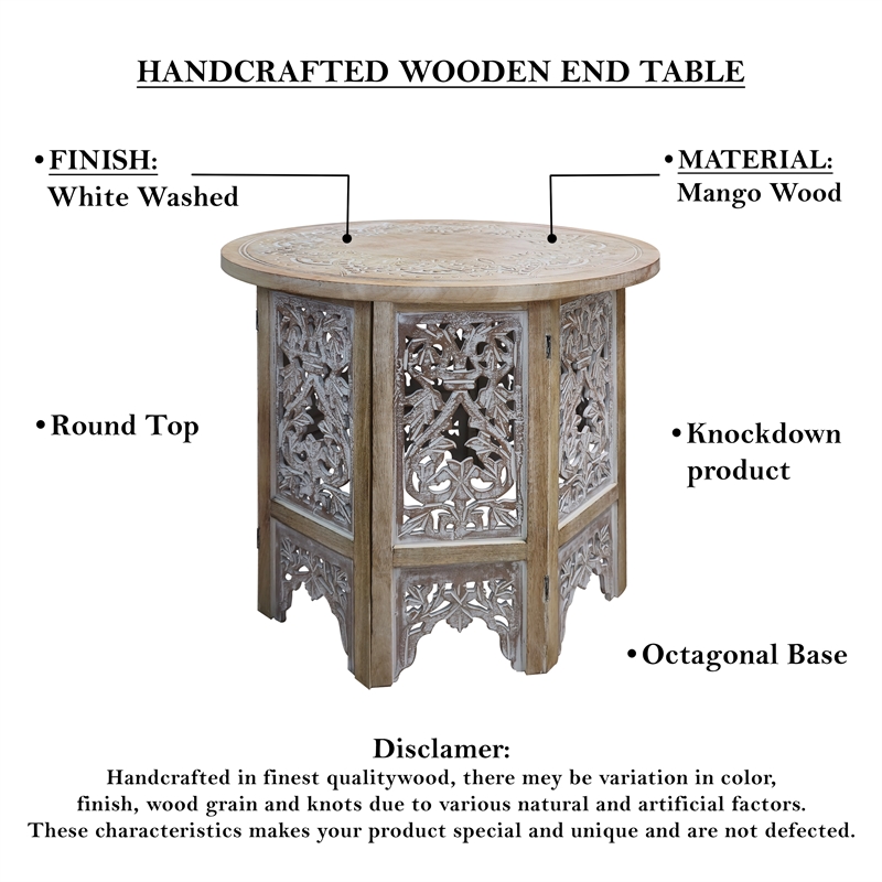 Accent Side Table- 24 Inch Round Top- Mango Wood Floral Cut Out Carved Motifs