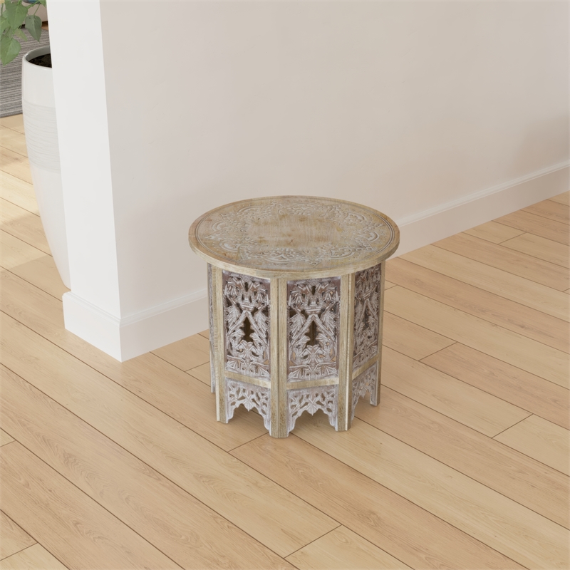 Accent Side Table- 24 Inch Round Top- Mango Wood Floral Cut Out Carved Motifs