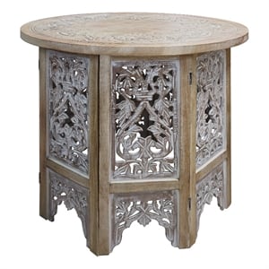 Accent Side Table- 24 Inch Round Top- Mango Wood Floral Cut Out Carved Motifs