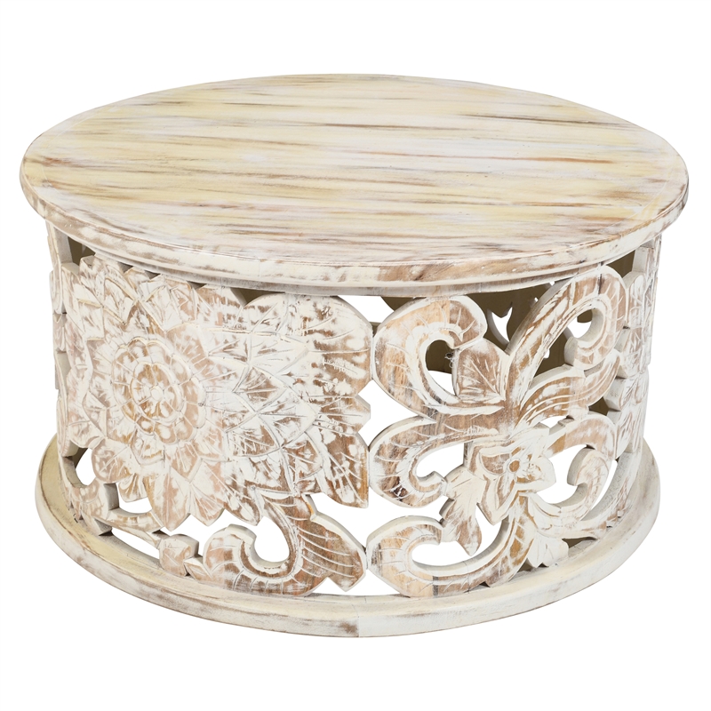 Alina Coffee Table Handcrafted Mango Wood Floral Carved Cut Out Design 33 Inch