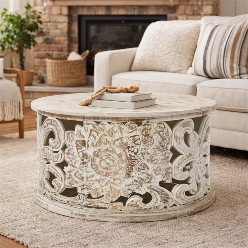 Alina Coffee Table Handcrafted Mango Wood Floral Carved Cut Out Design 33 Inch