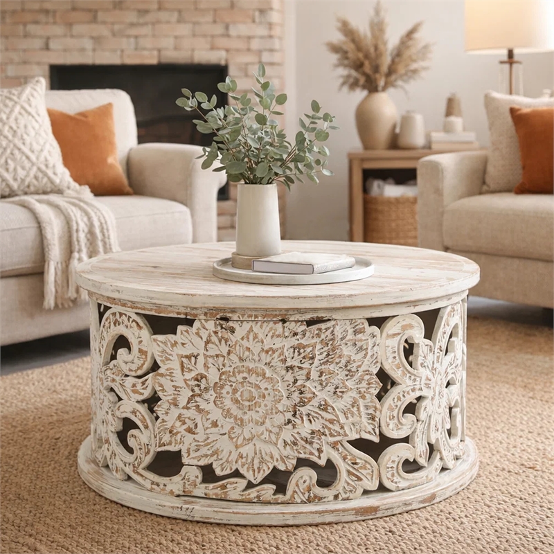 Alina Coffee Table Handcrafted Mango Wood Floral Carved Cut Out Design 33 Inch