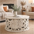 Alina Coffee Table Handcrafted Mango Wood Floral Carved Cut Out Design 33 Inch
