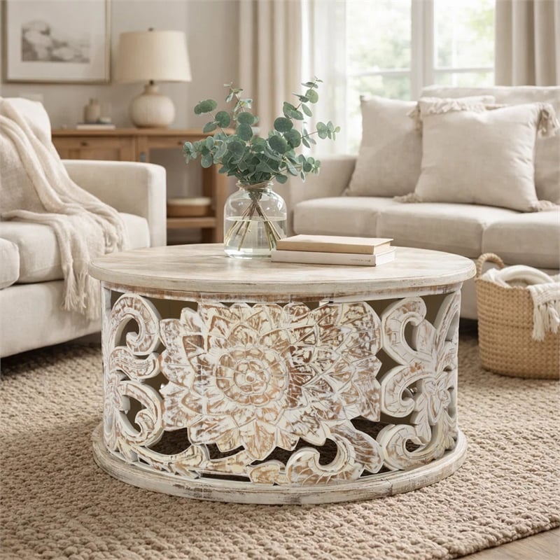 Alina Coffee Table Handcrafted Mango Wood Floral Carved Cut Out Design 33 Inch