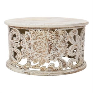 Alina Coffee Table Handcrafted Mango Wood Floral Carved Cut Out Design 33 Inch