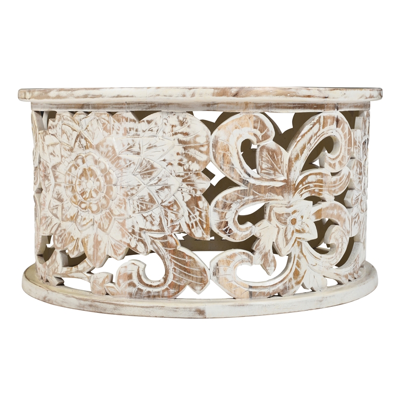 Alina Coffee Table Handcrafted Mango Wood Floral Carved Cut Out Design 33 Inch