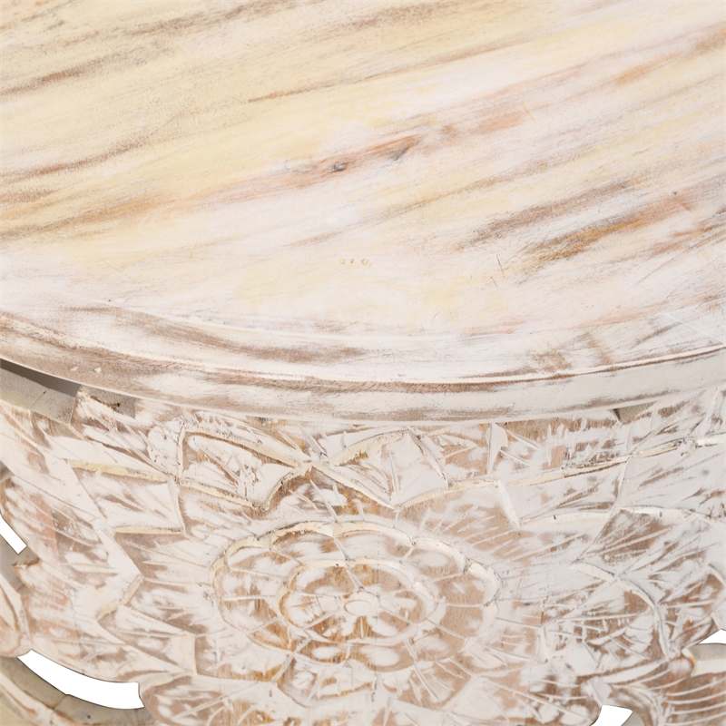 Alina Coffee Table Handcrafted Mango Wood Floral Carved Cut Out Design 33 Inch