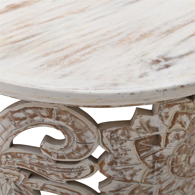 Alina Coffee Table Handcrafted Mango Wood Floral Carved Cut Out Design 33 Inch