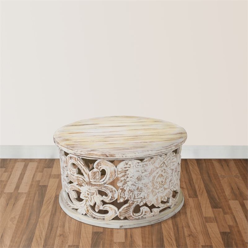 Alina Coffee Table Handcrafted Mango Wood Floral Carved Cut Out Design 33 Inch