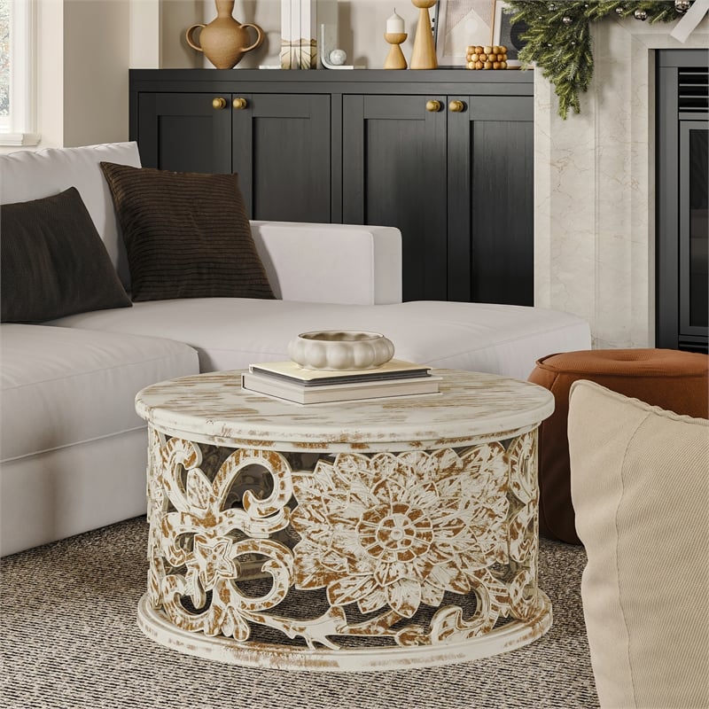 Alina Coffee Table Handcrafted Mango Wood Floral Carved Cut Out Design 33 Inch