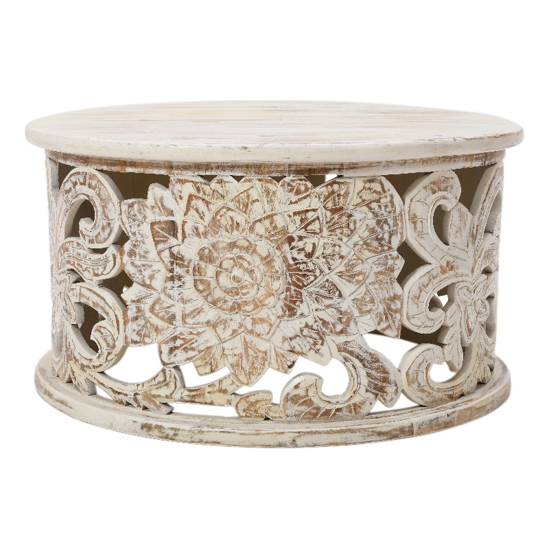 Alina Coffee Table Handcrafted Mango Wood Floral Carved Cut Out Design 33 Inch