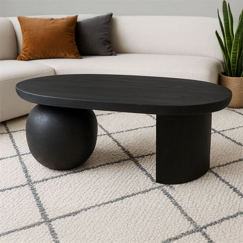 Uri 38 Inch Oval Coffee Table- Mango Wood Full and Half Spherical Leg