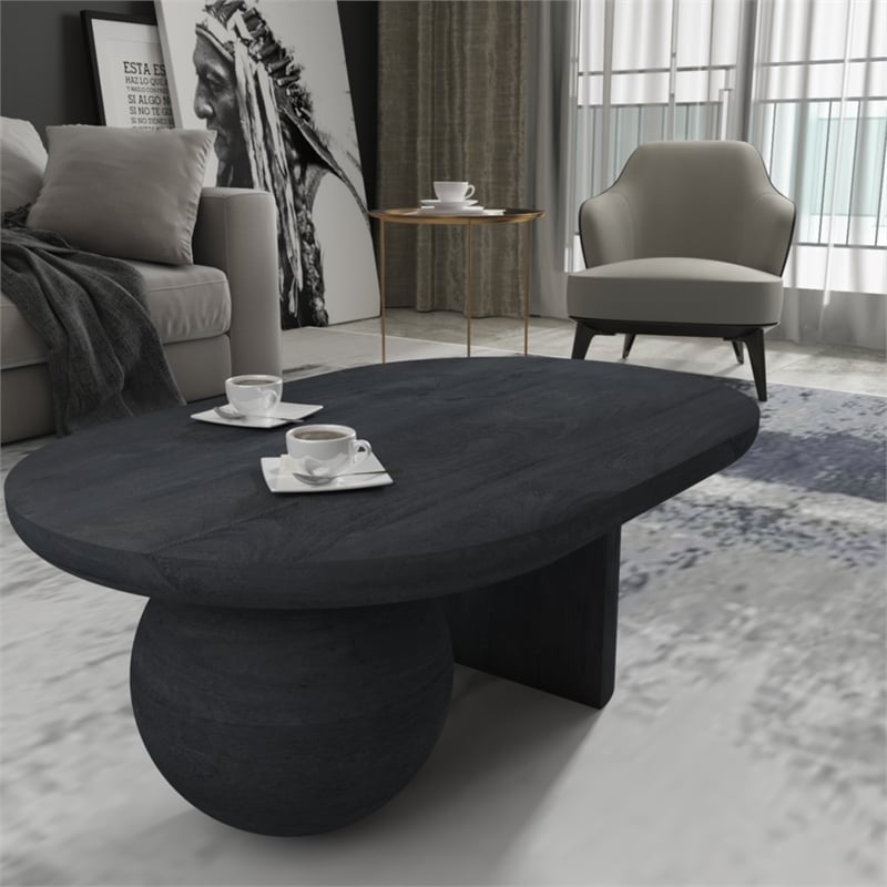 Uri 38 Inch Oval Coffee Table- Mango Wood Full and Half Spherical Leg