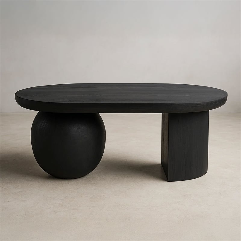 Uri 38 Inch Oval Coffee Table- Mango Wood Full and Half Spherical Leg