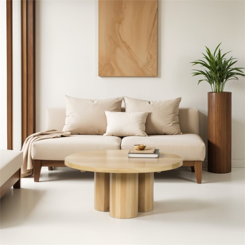 Hazel Coffee Table with 3 Pillar Legs- 35.5 Inch Round Top- Mango Wood