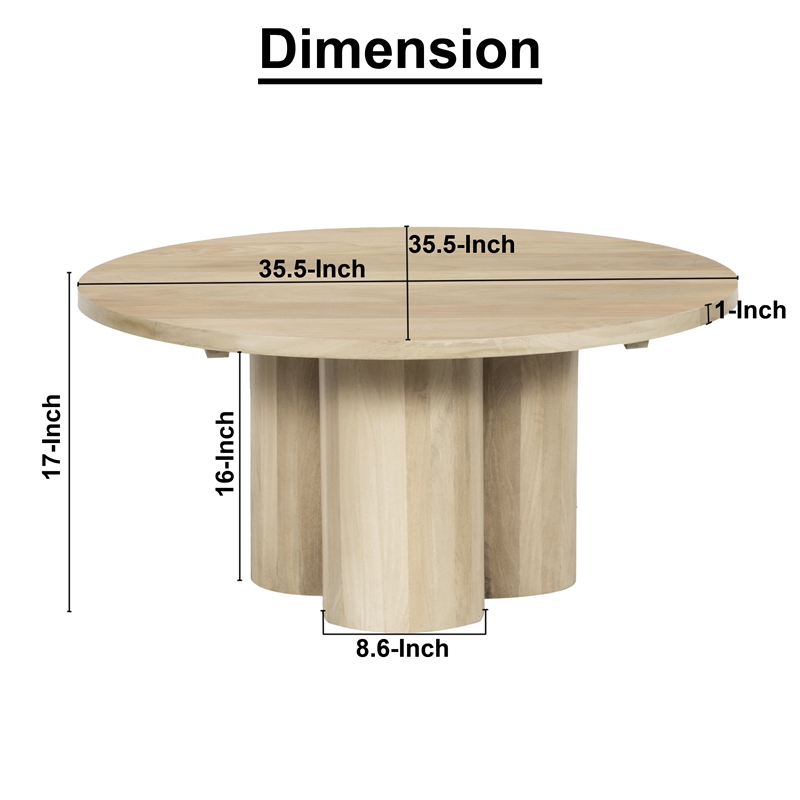 Hazel Coffee Table with 3 Pillar Legs- 35.5 Inch Round Top- Mango Wood