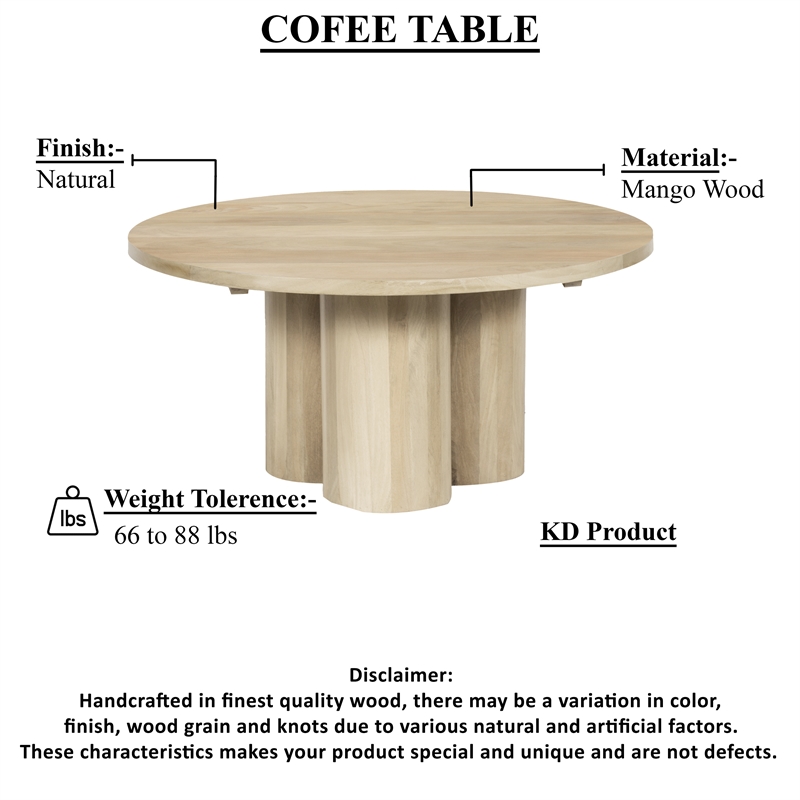 Hazel Coffee Table with 3 Pillar Legs- 35.5 Inch Round Top- Mango Wood