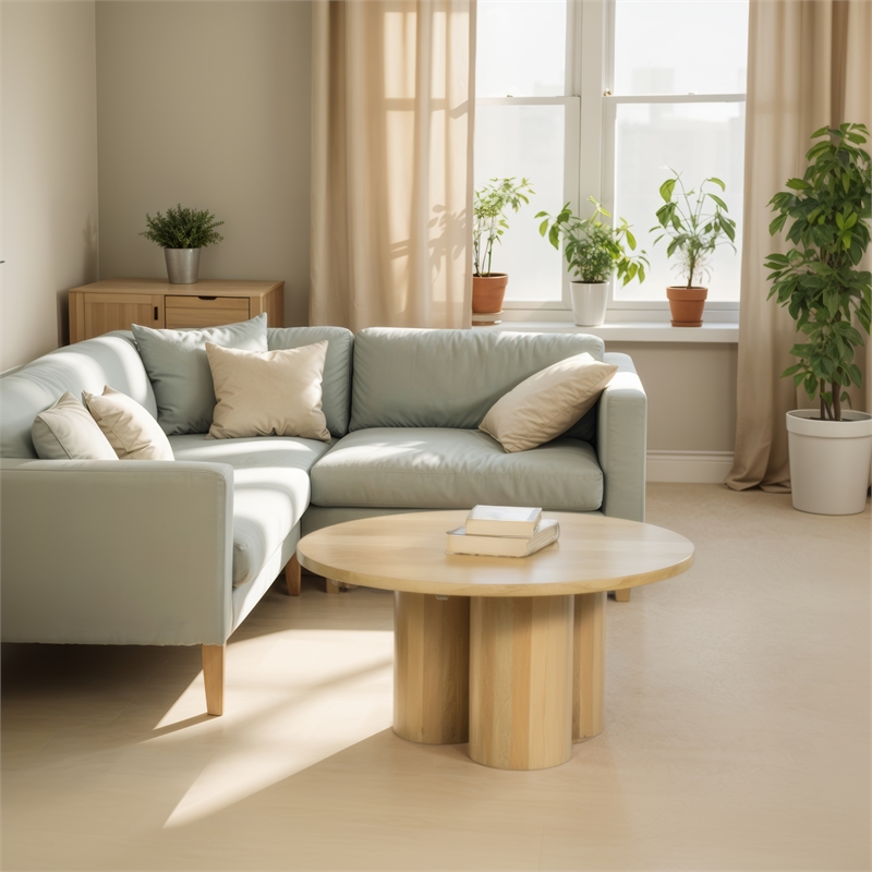 Hazel Coffee Table with 3 Pillar Legs- 35.5 Inch Round Top- Mango Wood