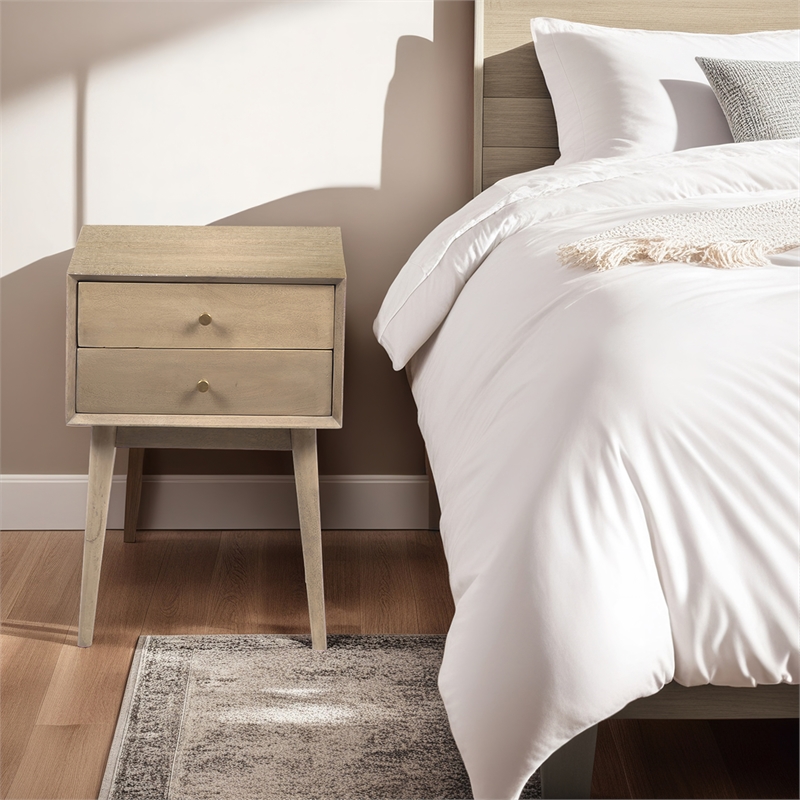 Nali Bedside Nightstand Table- 2 Drawers- Sandblasted Mango Wood- Brass Knobs