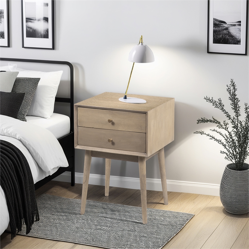 Nali Bedside Nightstand Table- 2 Drawers- Sandblasted Mango Wood- Brass Knobs
