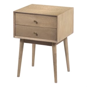 Nali Bedside Nightstand Table- 2 Drawers- Sandblasted Mango Wood- Brass Knobs