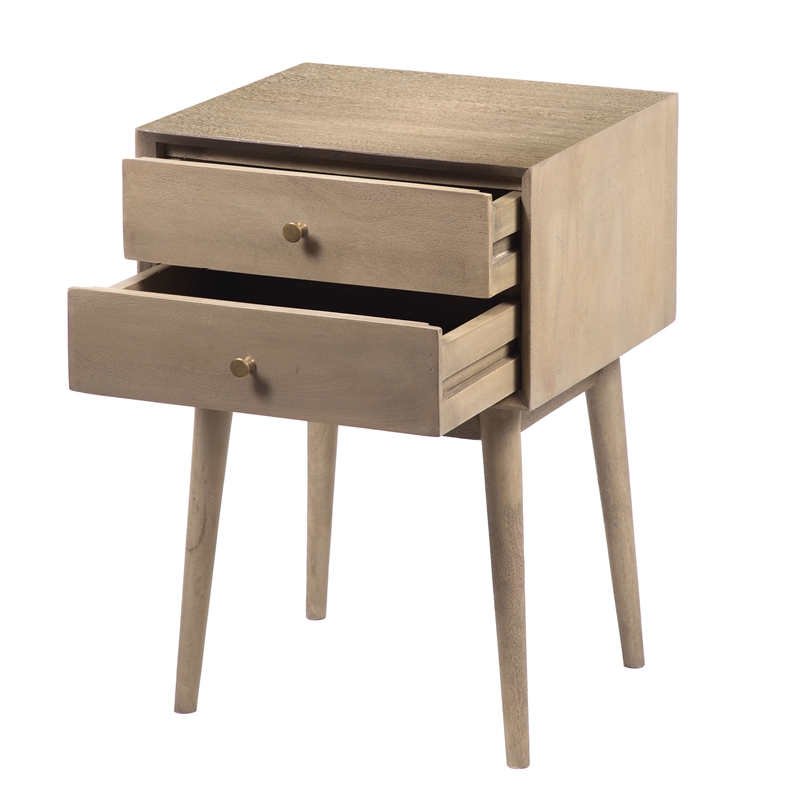 Nali Bedside Nightstand Table- 2 Drawers- Sandblasted Mango Wood- Brass Knobs