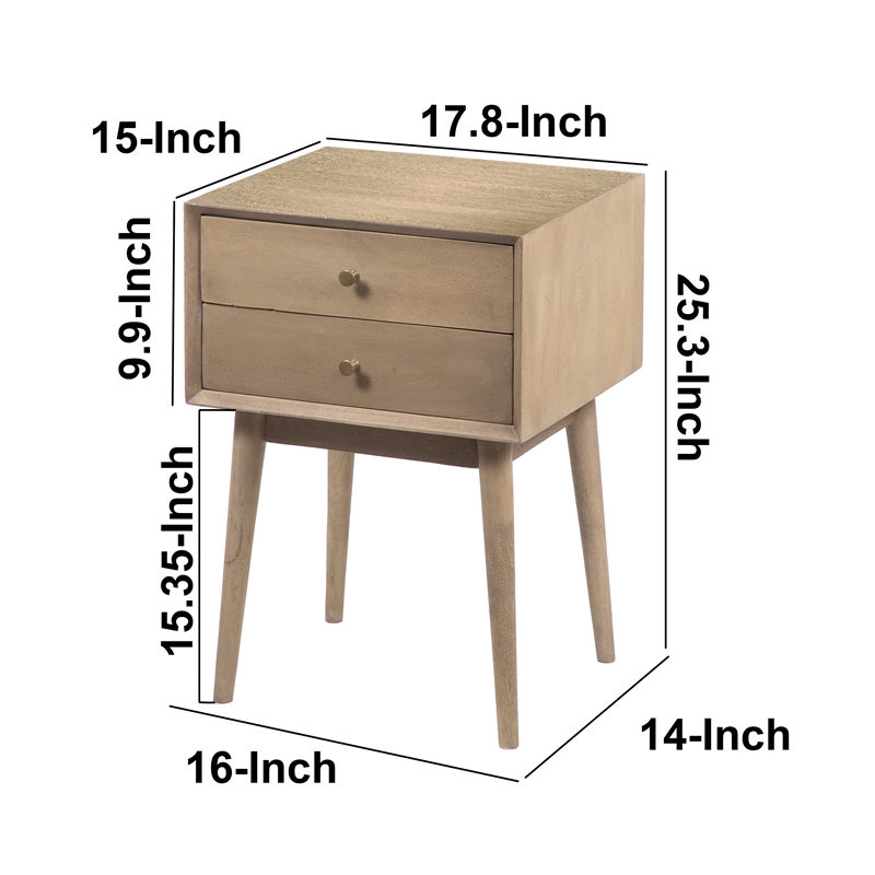 Nali Bedside Nightstand Table- 2 Drawers- Sandblasted Mango Wood- Brass Knobs