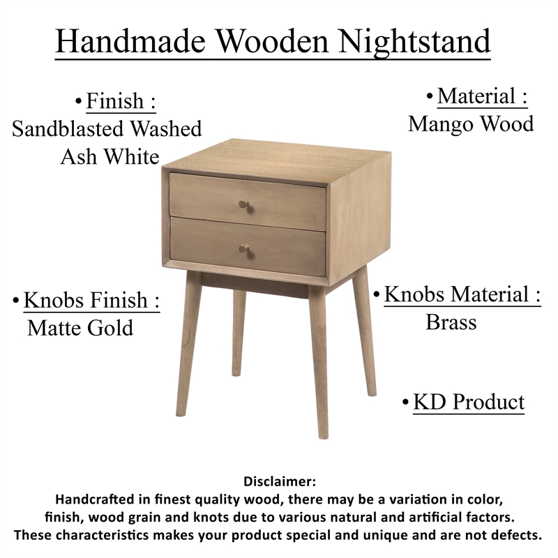 Nali Bedside Nightstand Table- 2 Drawers- Sandblasted Mango Wood- Brass Knobs
