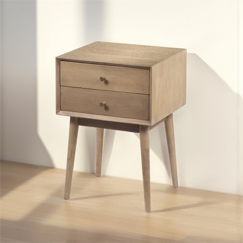 Nali Bedside Nightstand Table- 2 Drawers- Sandblasted Mango Wood- Brass Knobs