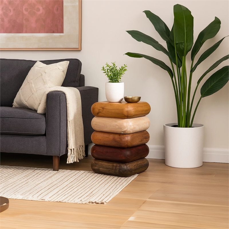 Zyra 18 Inch Side End Table- Sculptural Stacked Design- Mango and Acacia Wood