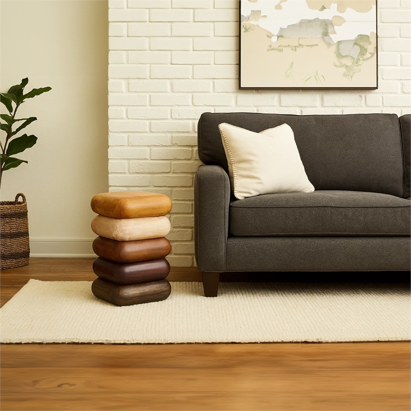 Zyra 18 Inch Side End Table- Sculptural Stacked Design- Mango and Acacia Wood
