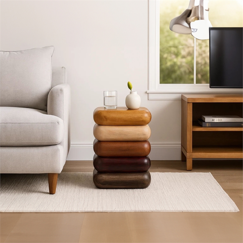 Zyra 18 Inch Side End Table- Sculptural Stacked Design- Mango and Acacia Wood
