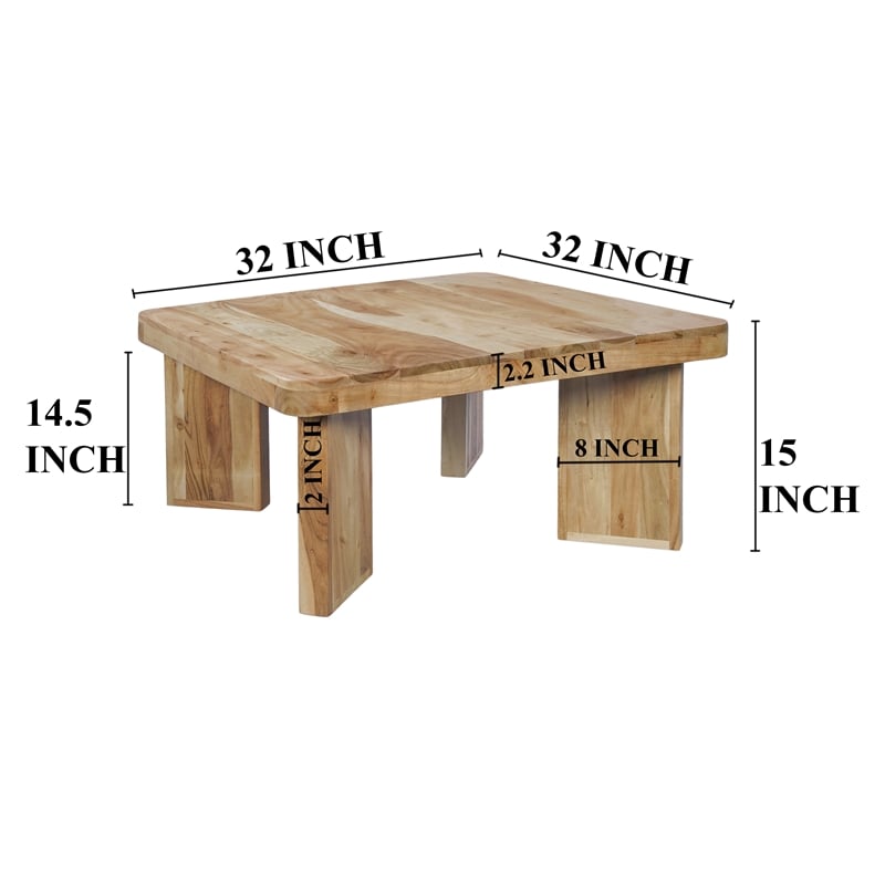 Cascade 32 Inch Coffee Table- Handcrafted Acacia- Square Top- Wide Panel Legs