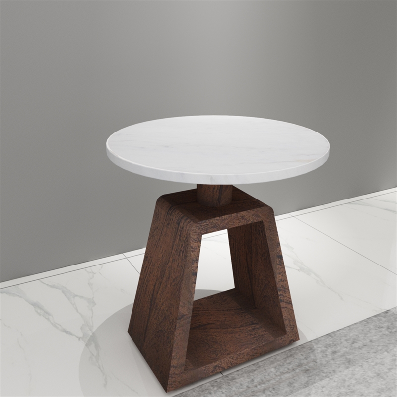 Port Blair Side End Table- Round Genuine Marble Top- Mango Wood 16.5 Inch