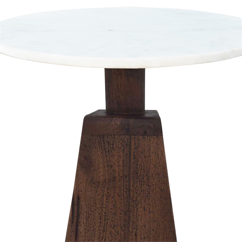 Port Blair Side End Table- Round Genuine Marble Top- Mango Wood 16.5 Inch