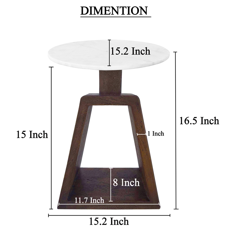 Port Blair Side End Table- Round Genuine Marble Top- Mango Wood 16.5 Inch