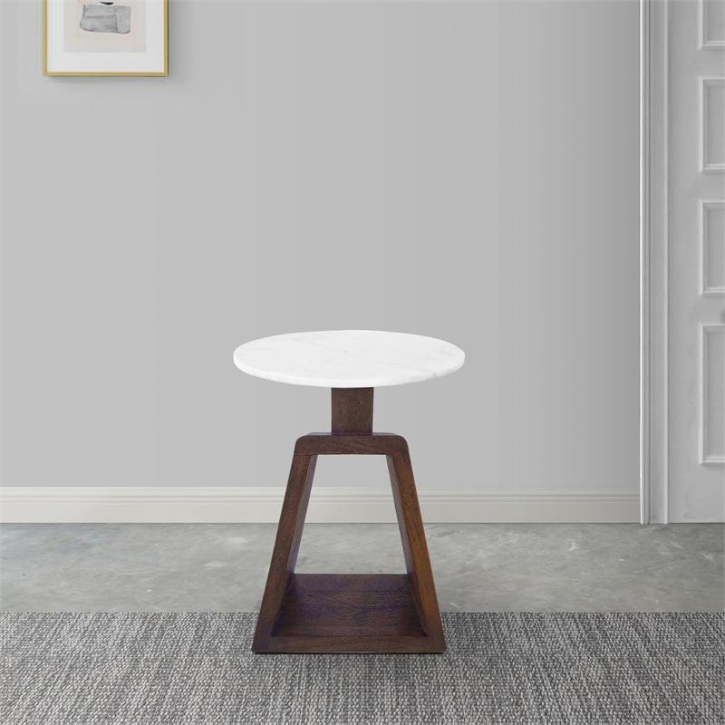 Port Blair Side End Table- Round Genuine Marble Top- Mango Wood 16.5 Inch