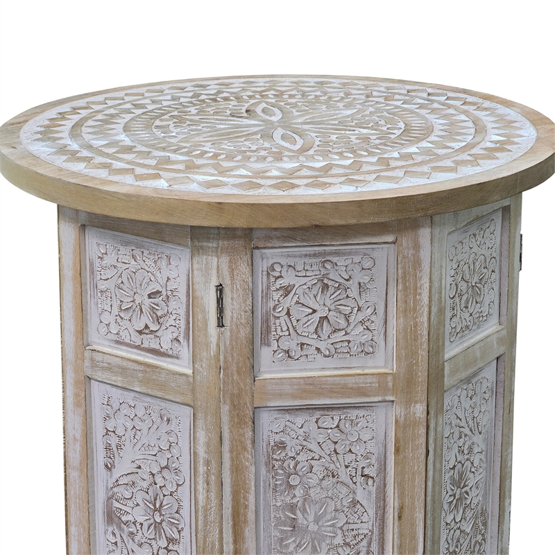 Accent Side Table- Mango Wood 18 Inch Round Top- Hand Carved Mandala Design