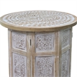 Accent Side Table- Mango Wood 18 Inch Round Top- Hand Carved Mandala Design