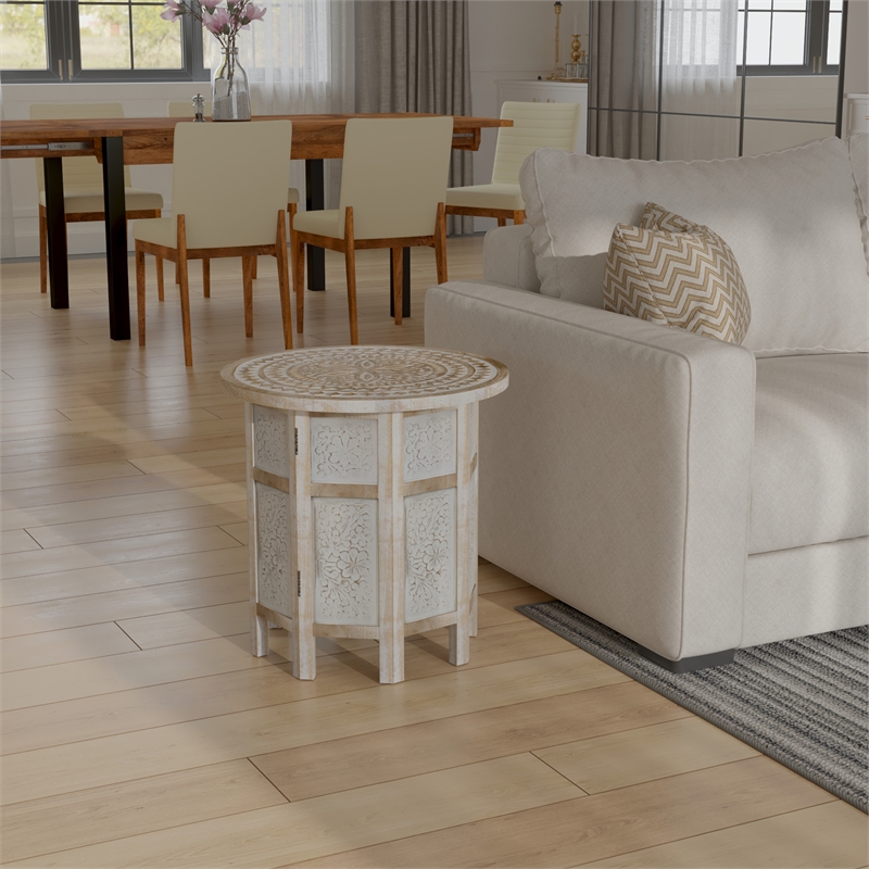 Accent Side Table- Mango Wood 18 Inch Round Top- Hand Carved Mandala Design