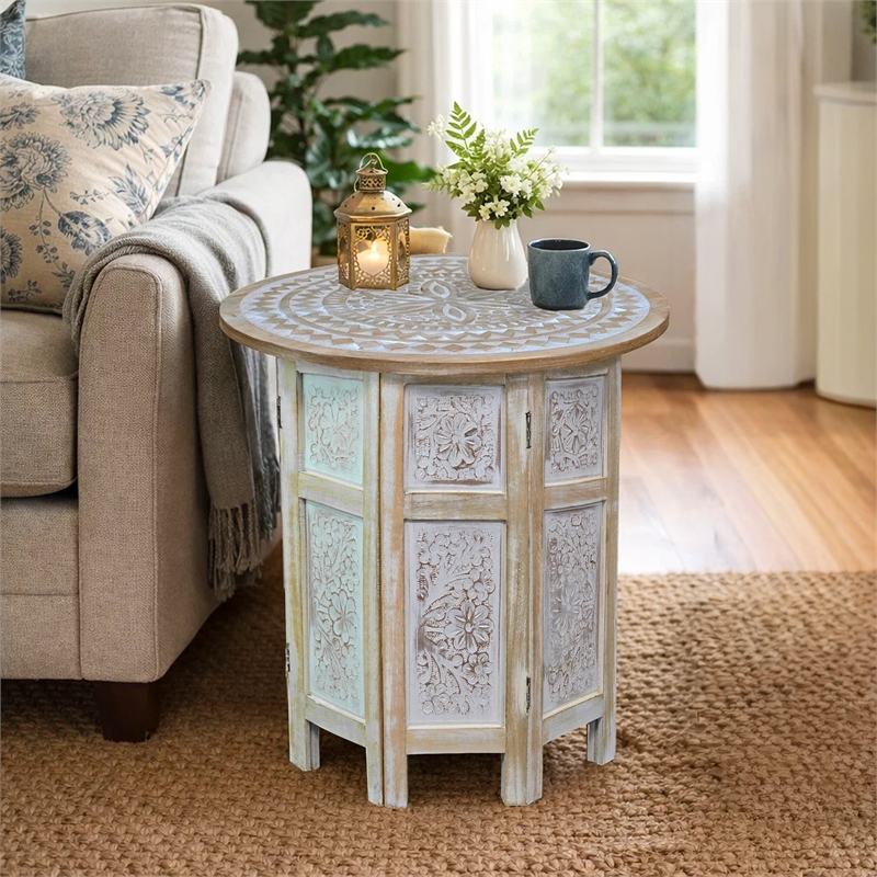 Accent Side Table- Mango Wood 18 Inch Round Top- Hand Carved Mandala Design