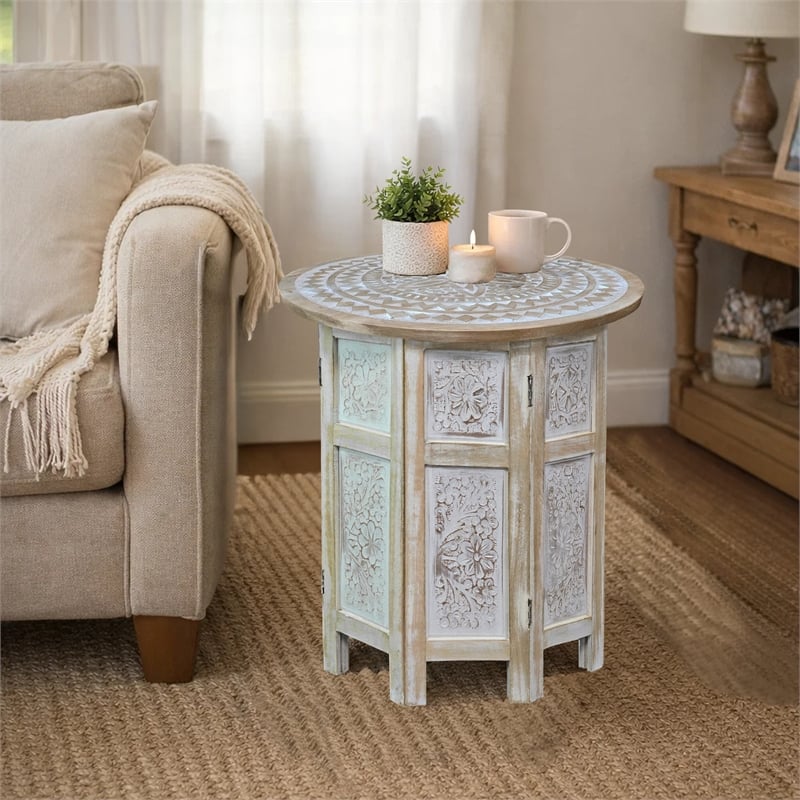 Accent Side Table- Mango Wood 18 Inch Round Top- Hand Carved Mandala Design
