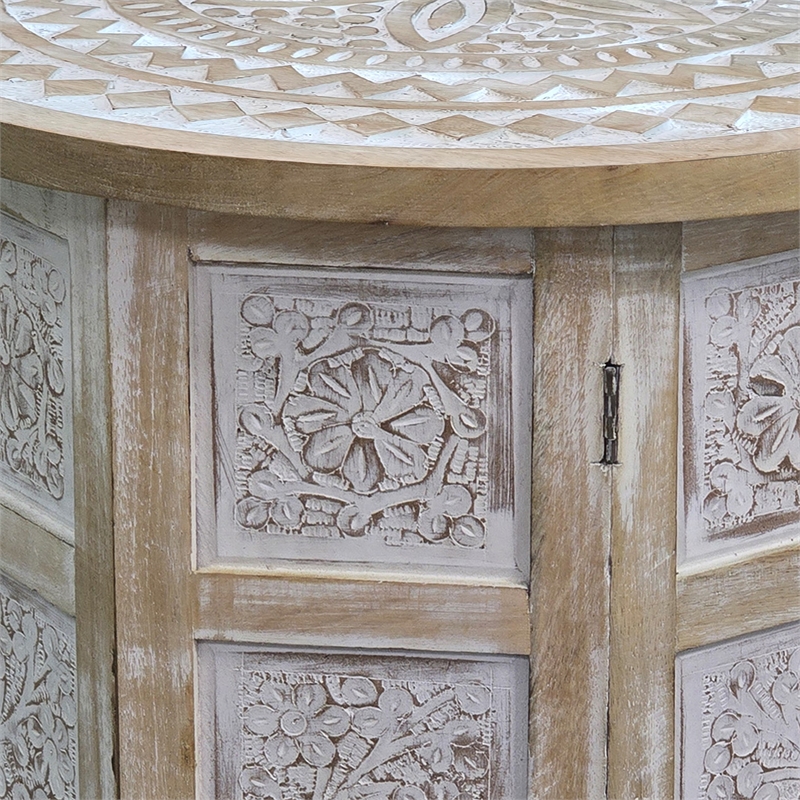 Accent Side Table- Mango Wood 18 Inch Round Top- Hand Carved Mandala Design