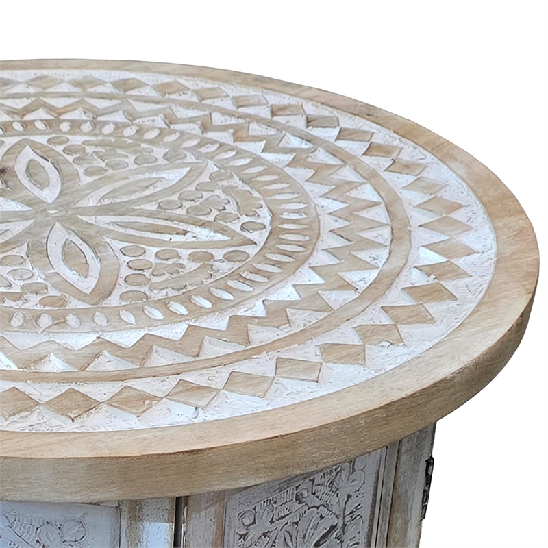 Accent Side Table- Mango Wood 18 Inch Round Top- Hand Carved Mandala Design