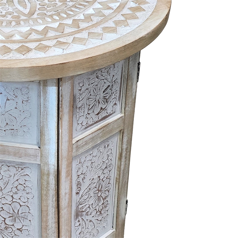 Accent Side Table- Mango Wood 18 Inch Round Top- Hand Carved Mandala Design